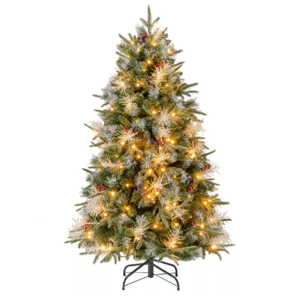 Pre-Lit Christmas Tree with Berries, Artificial Holiday Tree with 8 Lighting Modes