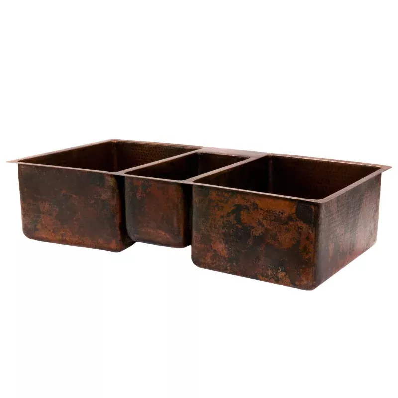 Premier Copper Products 42" Hammered Copper Kitchen Triple Basin Sink
