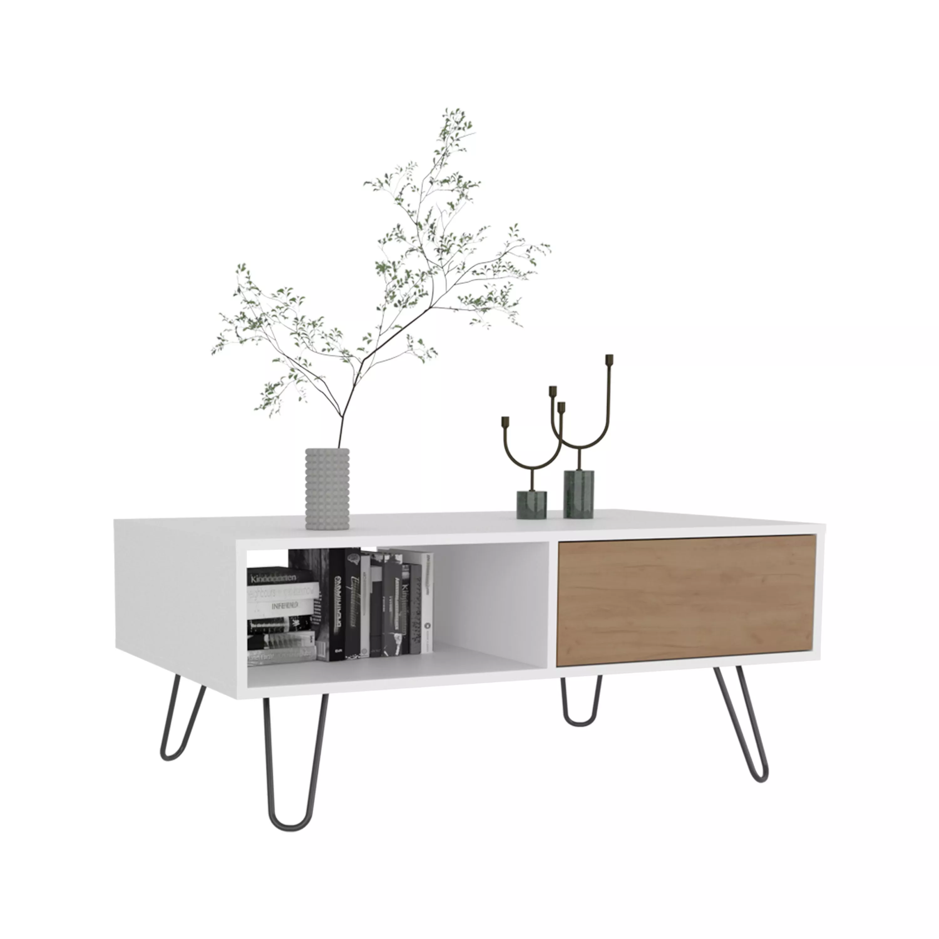 Ranlo Coffee Table, 1 Drawer, 1 Shelf, White / Natural Oak