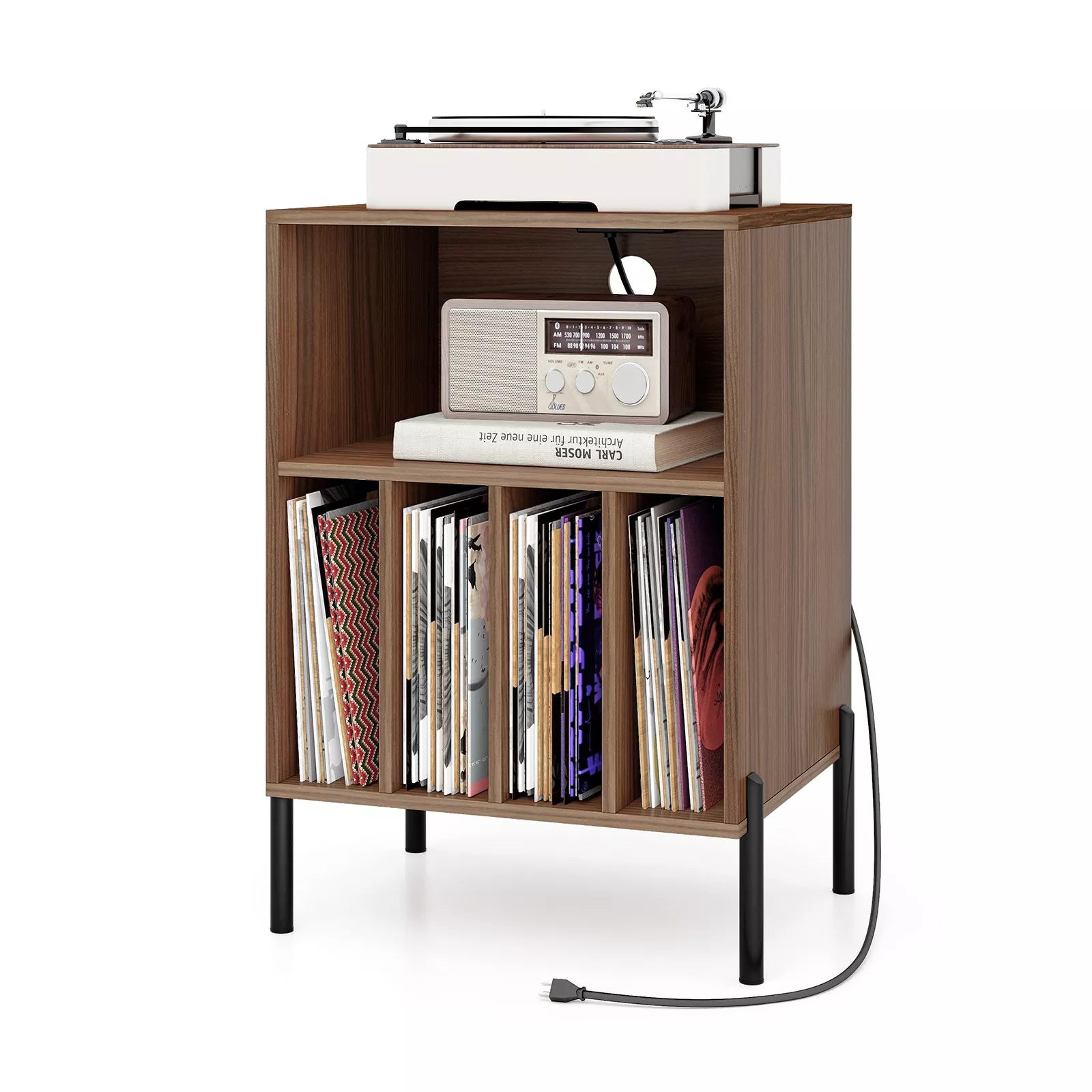 Record Player Stand with Shelf Storage and Charging Dock for Electronics