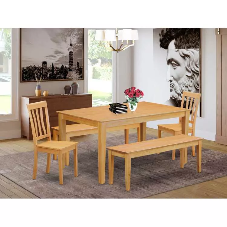 Rectangular Finish Oak Dining Set with Microfiber Chairs and Benches