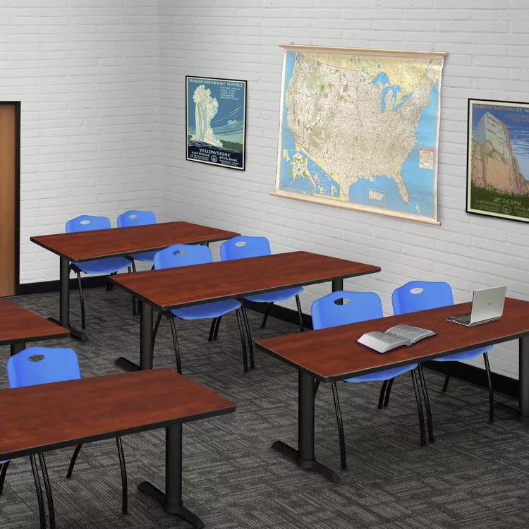 Regency Cain 60" x 24" Training Table- Cherry & 2 'M' Stack Chairs- Blue