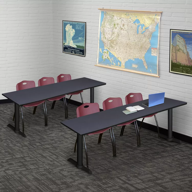 Regency Cain 84" x 24" Training Table- Grey & 3 'M' Stack Chairs- Burgundy