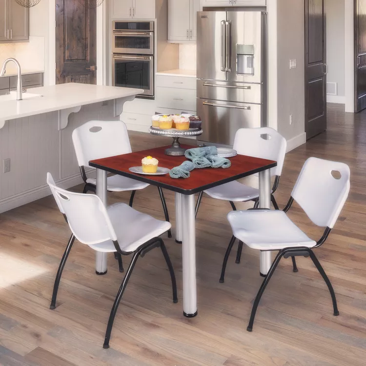 Regency Kee 30" Square Breakroom Table- Cherry/ Chrome & 4 'M' Stack Chairs- Grey