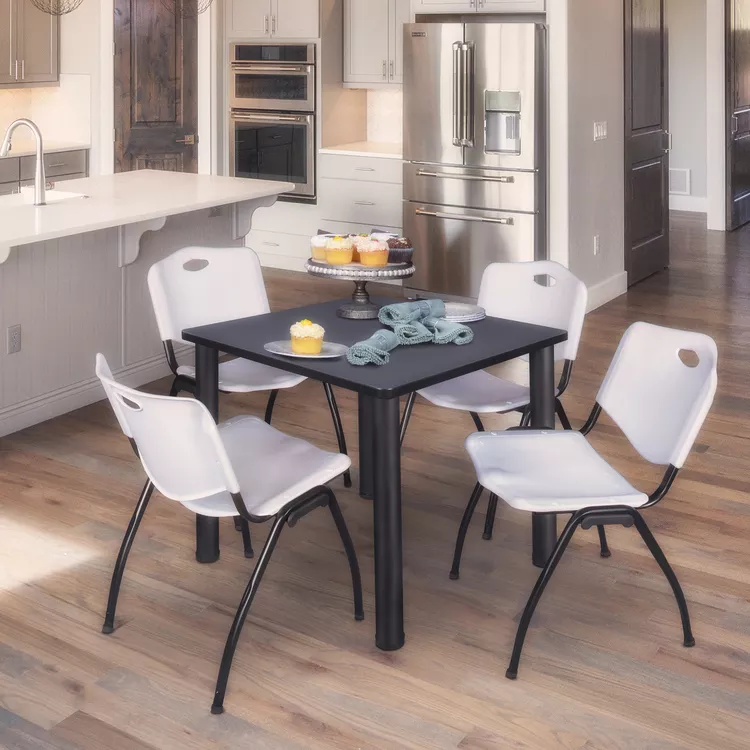 Regency Kee 30" Square Breakroom Table- Grey/ Black & 4 'M' Stack Chairs- Grey