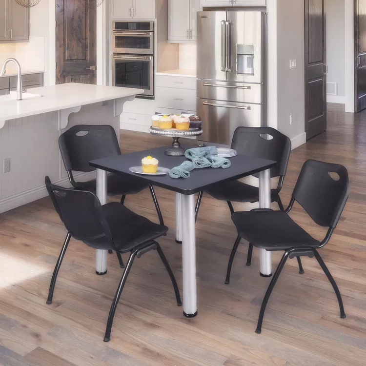 Regency Kee 30" Square Breakroom Table- Grey/ Chrome & 4 'M' Stack Chairs- Black