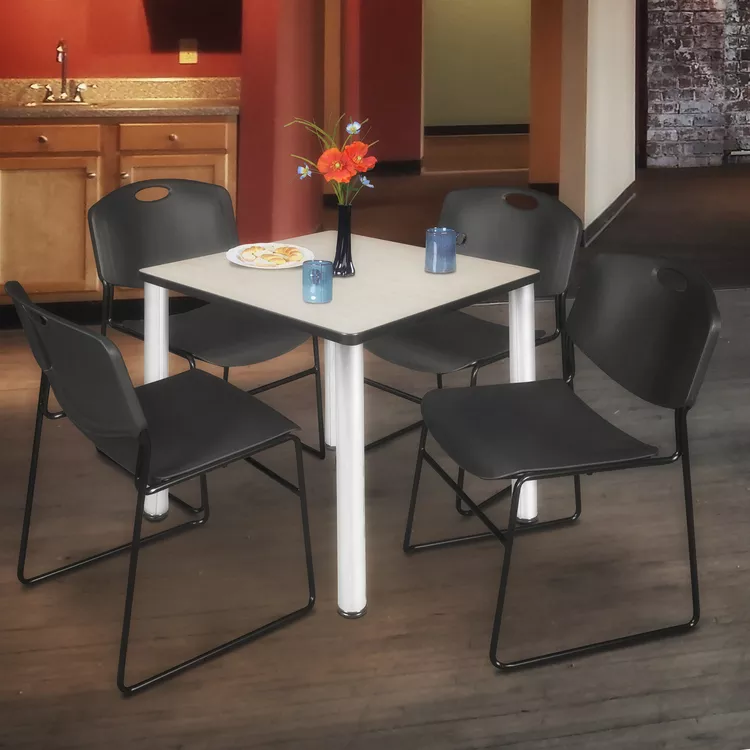Regency Kee 30" Square Breakroom Table- Maple/ Chrome & 4 Zeng Stack Chairs- Black