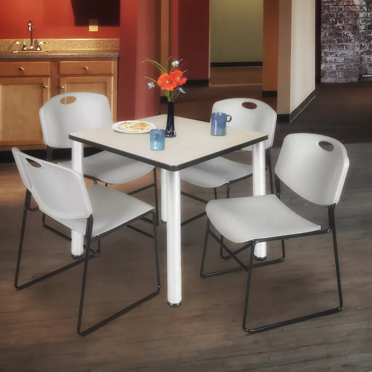 Regency Kee 30" Square Breakroom Table- Maple/ Chrome & 4 Zeng Stack Chairs- Grey