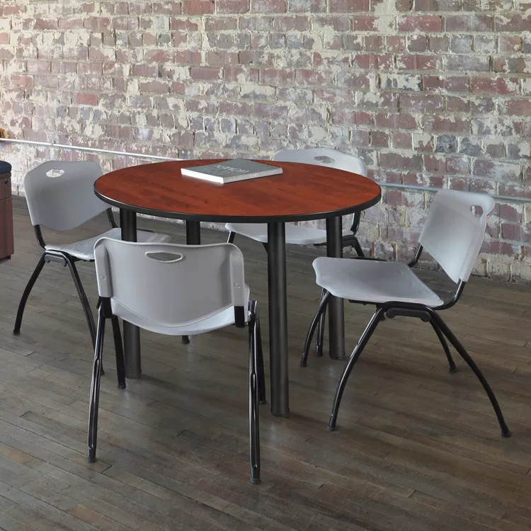 Regency Kee 36" Round Breakroom Table- Cherry/ Black & 4 'M' Stack Chairs- Grey
