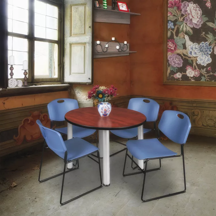 Regency Kee 36" Round Breakroom Table- Cherry/ Chrome & 4 Zeng Stack Chairs- Blue