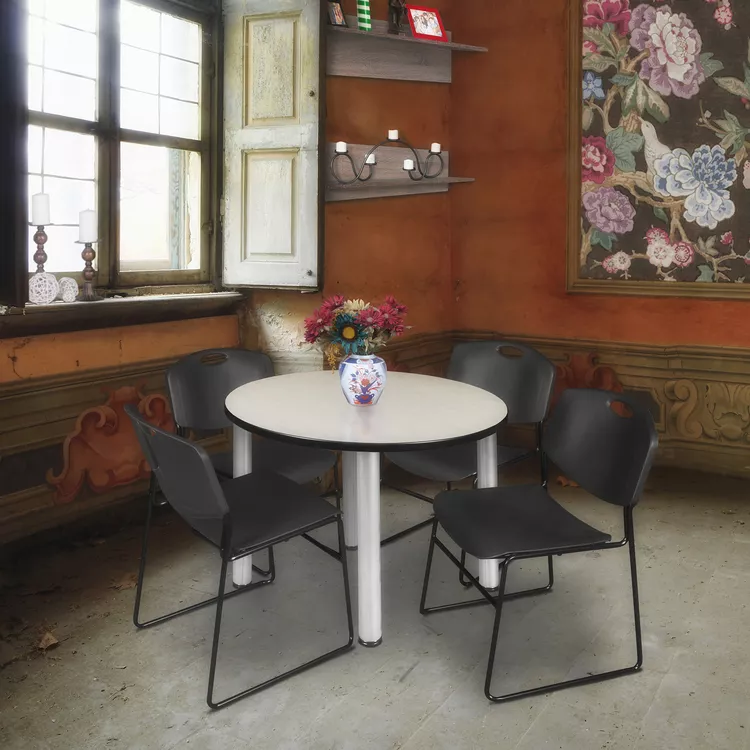 Regency Kee 36" Round Breakroom Table- Maple/ Chrome & 4 Zeng Stack Chairs- Black