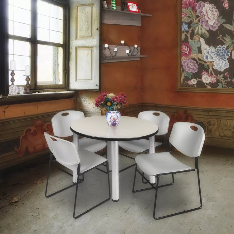 Regency Kee 36" Round Breakroom Table- Maple/ Chrome & 4 Zeng Stack Chairs- Grey