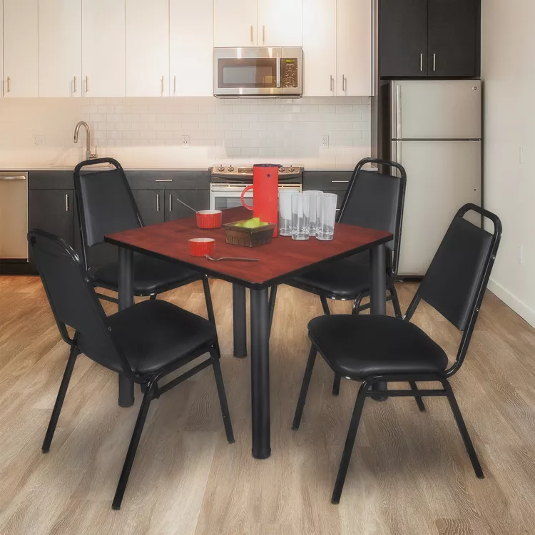 Regency Kee 36" Square Breakroom Table- Cherry/ Black & 4 Restaurant Stack Chairs- Black