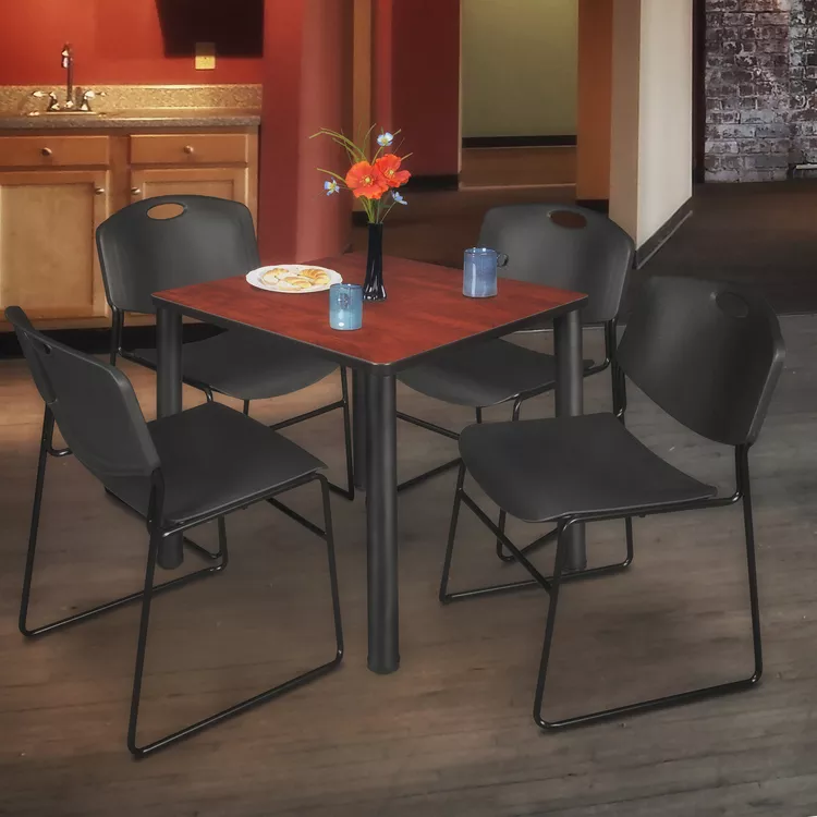 Regency Kee 36" Square Breakroom Table- Cherry/ Black & 4 Zeng Stack Chairs- Black