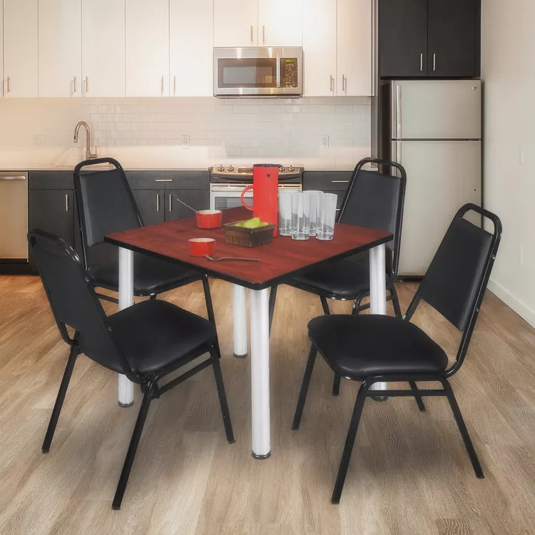 Regency Kee 36" Square Breakroom Table- Cherry/ Chrome & 4 Restaurant Stack Chairs- Black