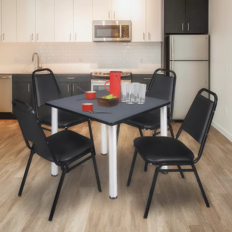 Regency Kee 36" Square Breakroom Table- Grey/ Chrome & 4 Restaurant Stack Chairs- Black