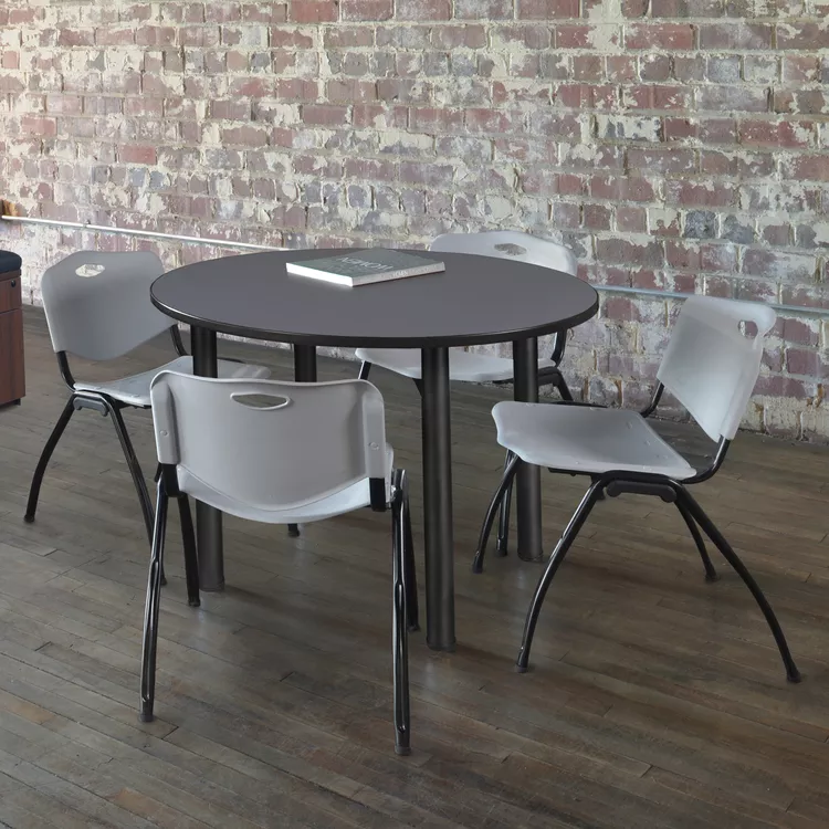 Regency Kee 42" Round Breakroom Table- Grey/ Black & 4 'M' Stack Chairs- Grey
