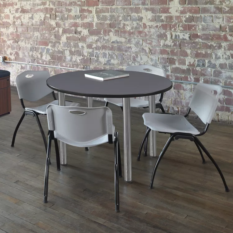 Regency Kee 42" Round Breakroom Table- Grey/ Chrome & 4 'M' Stack Chairs- Grey