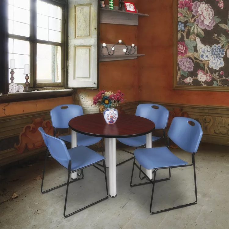 Regency Kee 42" Round Breakroom Table- Mahogany/ Chrome & 4 Zeng Stack Chairs- Blue