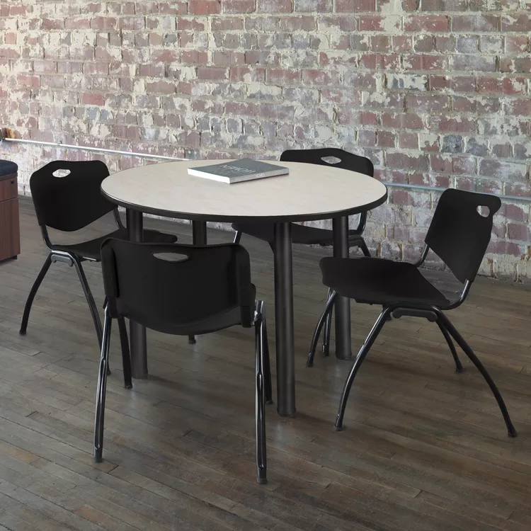 Regency Kee 42" Round Breakroom Table- Maple/ Black & 4 'M' Stack Chairs- Black