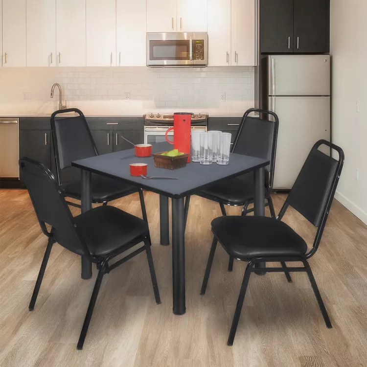 Regency Kee 42" Square Breakroom Table- Grey/ Black & 4 Restaurant Stack Chairs- Black