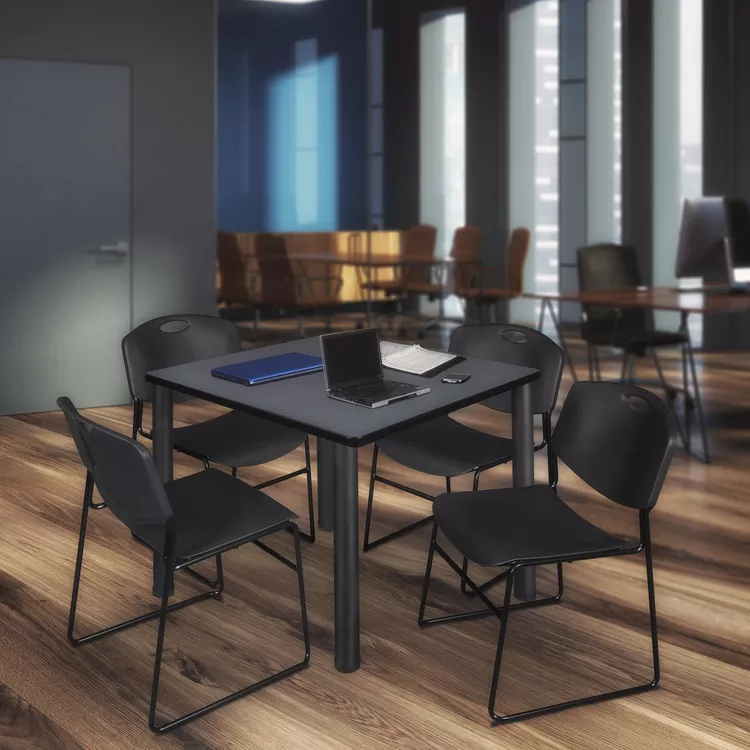 Regency Kee 42" Square Breakroom Table- Grey/ Black & 4 Zeng Stack Chairs- Black
