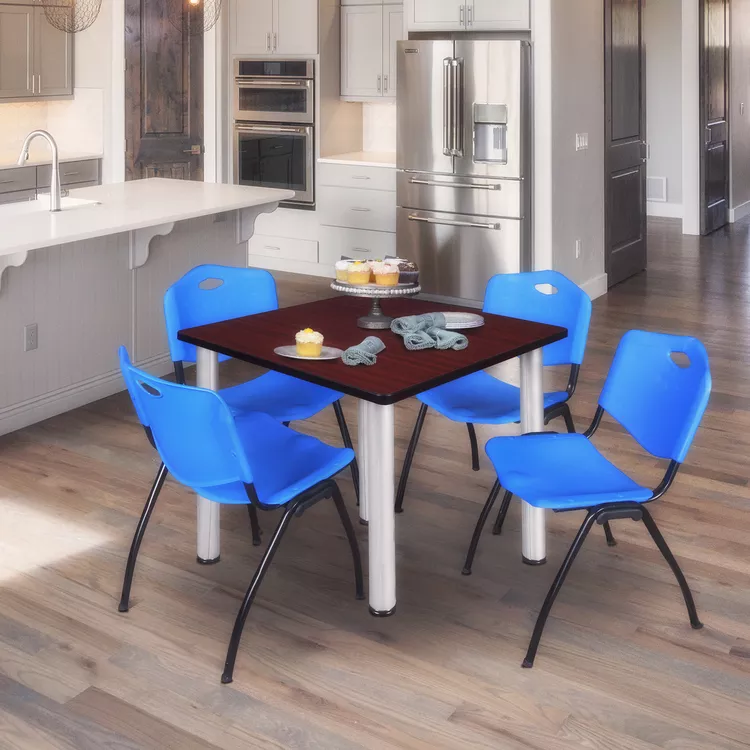 Regency Kee 42" Square Breakroom Table- Mahogany/ Chrome & 4 'M' Stack Chairs- Blue