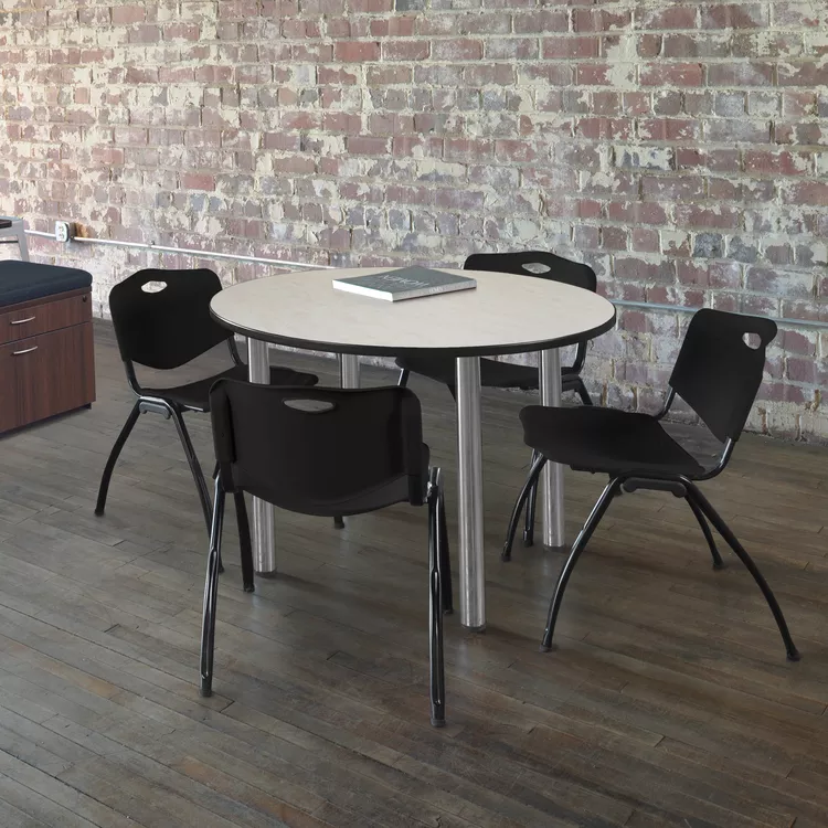 Regency Kee 48" Round Breakroom Table- Maple/ Chrome & 4 'M' Stack Chairs- Black