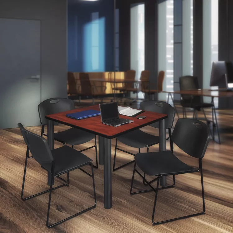 Regency Kee 48" Square Breakroom Table- Cherry/ Black & 4 Zeng Stack Chairs- Black