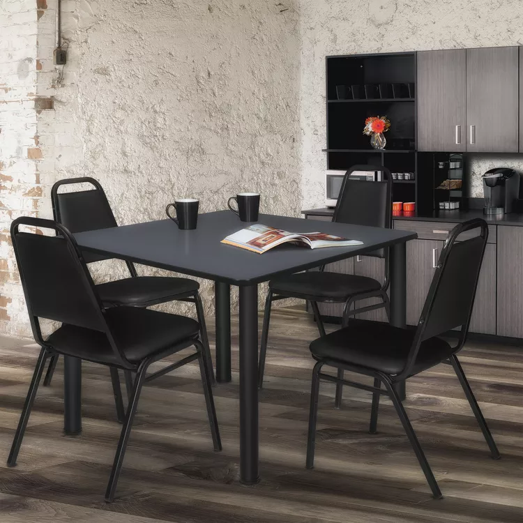 Regency Kee 48" Square Breakroom Table- Grey/ Black & 4 Restaurant Stack Chairs- Black