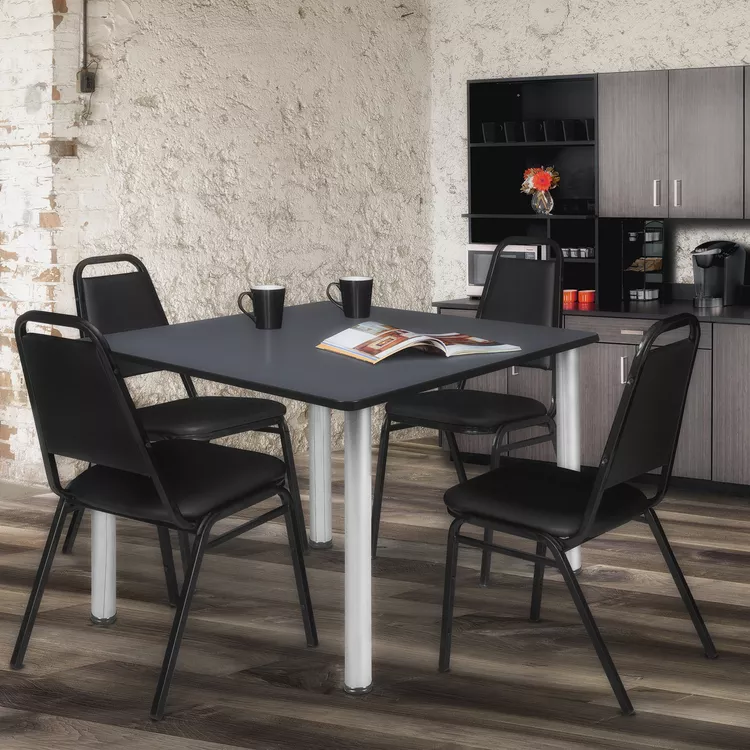 Regency Kee 48" Square Breakroom Table- Grey/ Chrome & 4 Restaurant Stack Chairs- Black