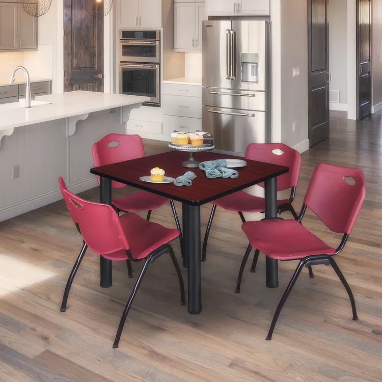 Regency Kee 48" Square Breakroom Table- Mahogany/ Black & 4 'M' Stack Chairs- Burgundy