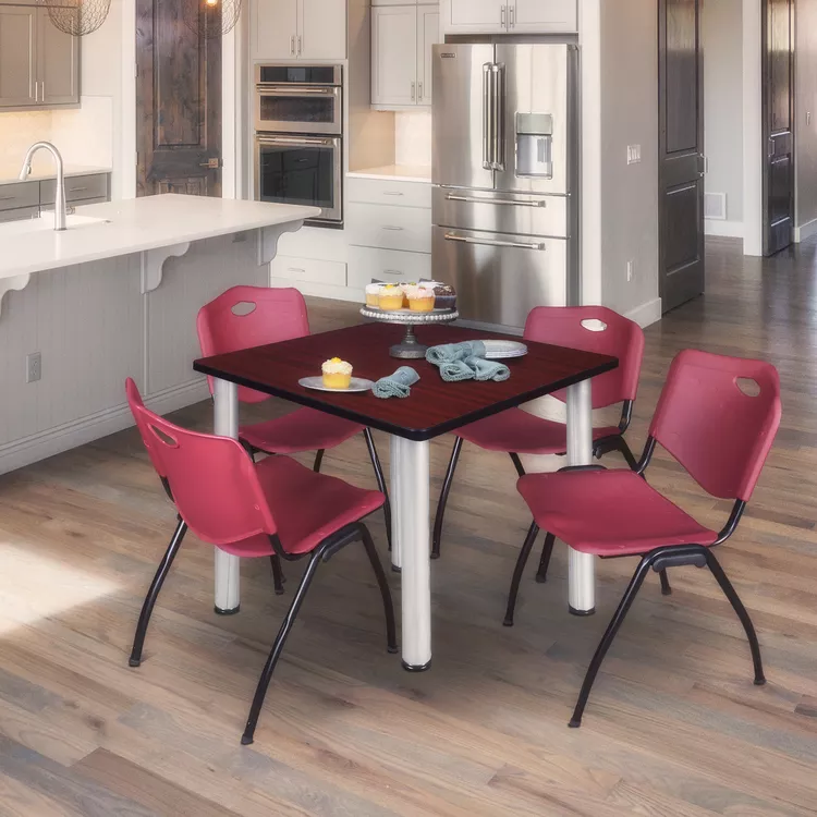Regency Kee 48" Square Breakroom Table- Mahogany/ Chrome & 4 'M' Stack Chairs- Burgundy