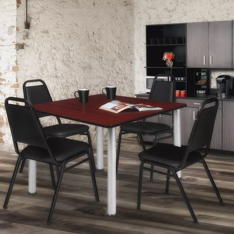 Regency Kee 48" Square Breakroom Table- Mahogany/ Chrome & 4 Restaurant Stack Chairs- Black
