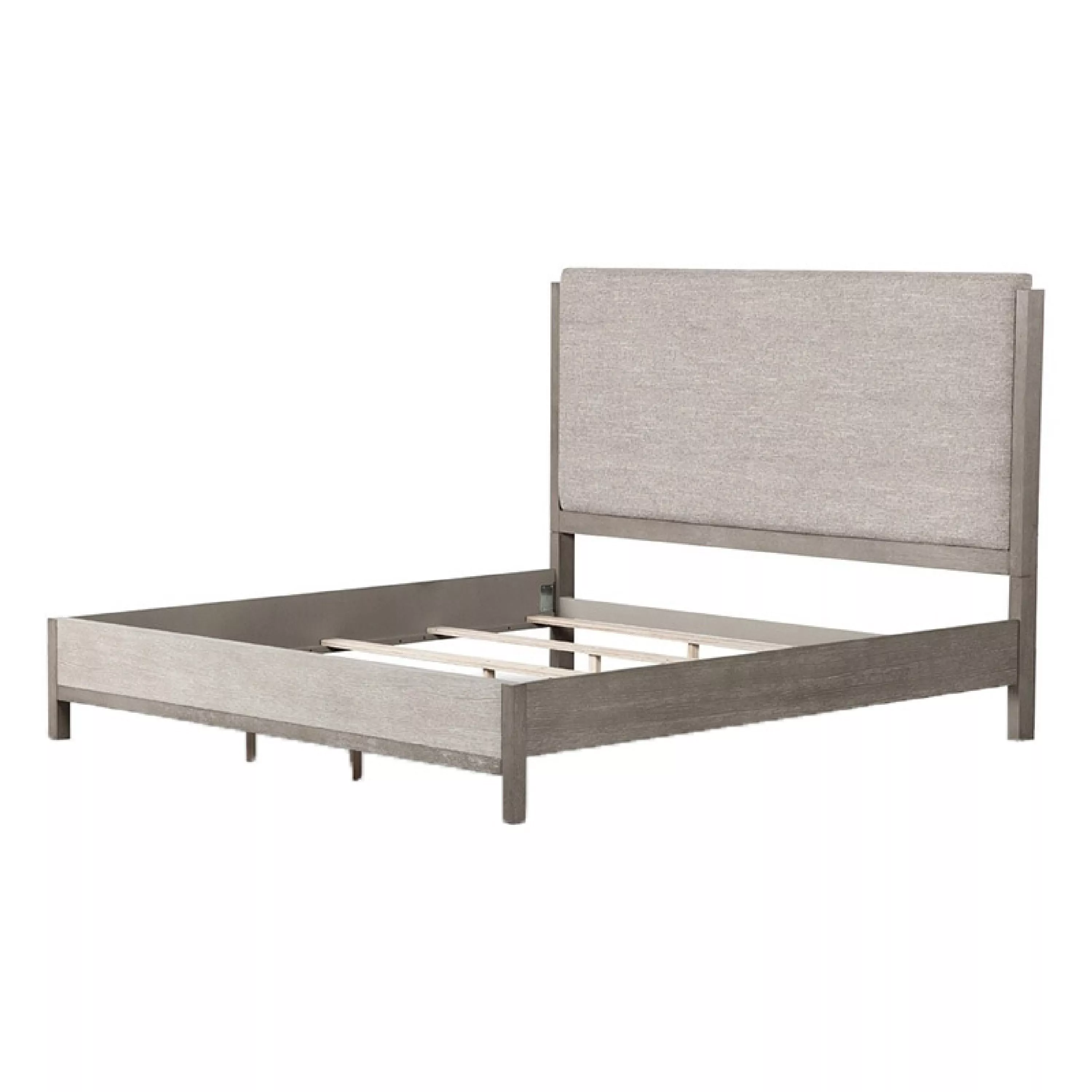 Rizvi King Bed, Upholstered Headboard, Beveled Mirror, Gray Solid Wood - Benzara