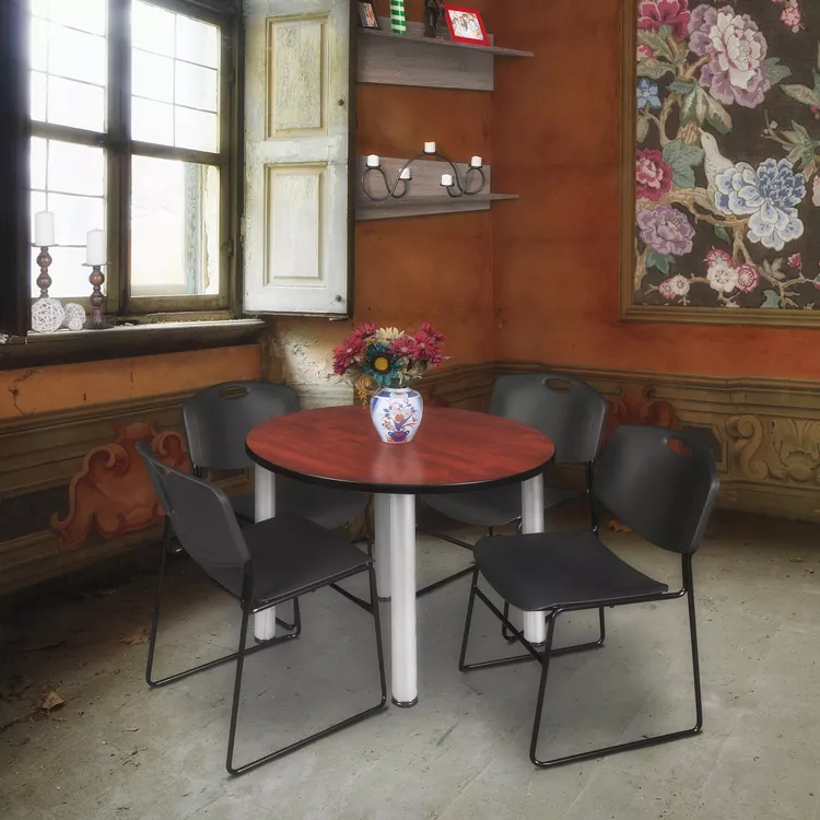 Round Cherry Table & 4 Stack Chairs, Adjustable Height, Pedestal Metal Base - Regency Seating