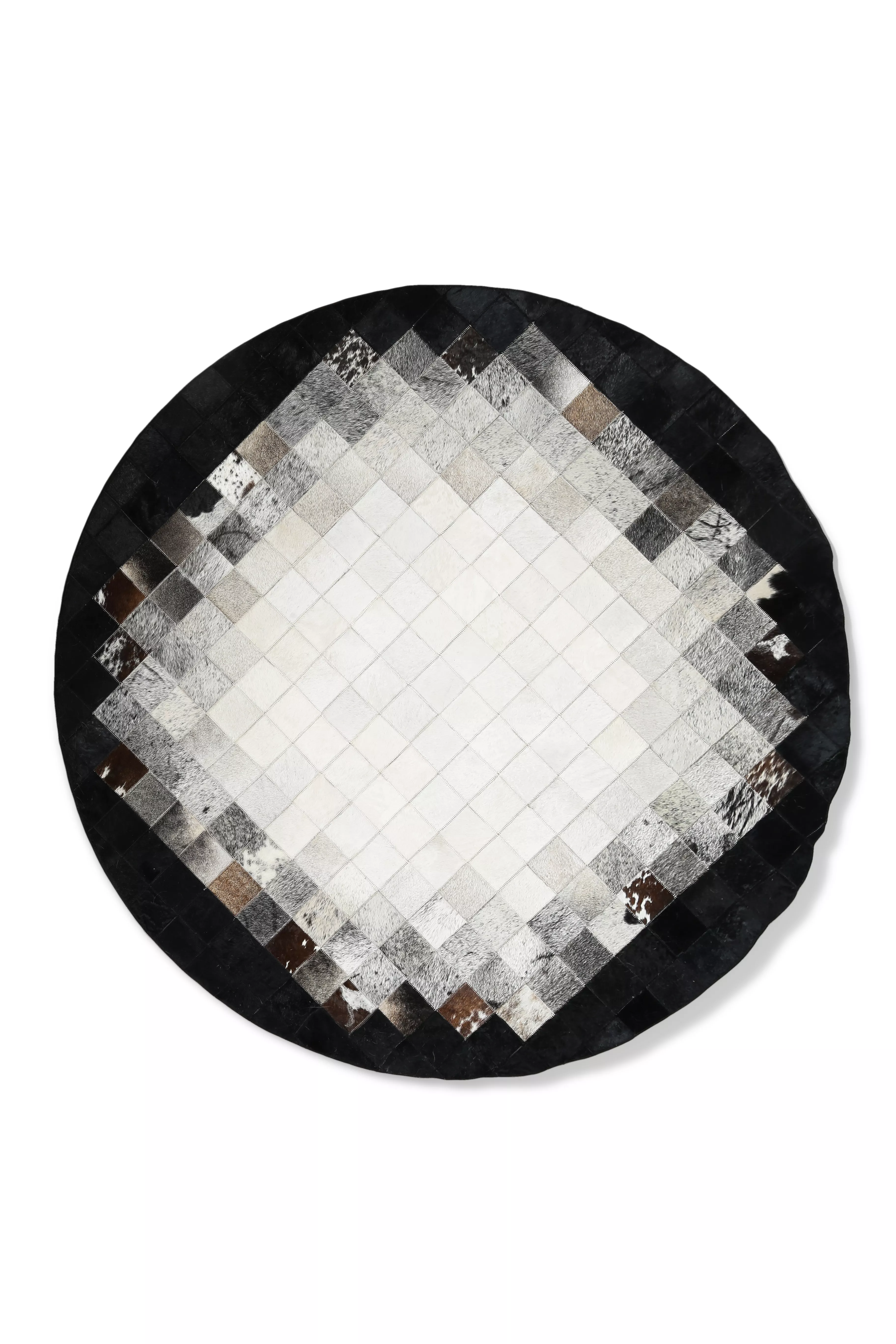 Round Cowhide Rug Black White - Handmade Ombre Patchwork Leather Area Rug