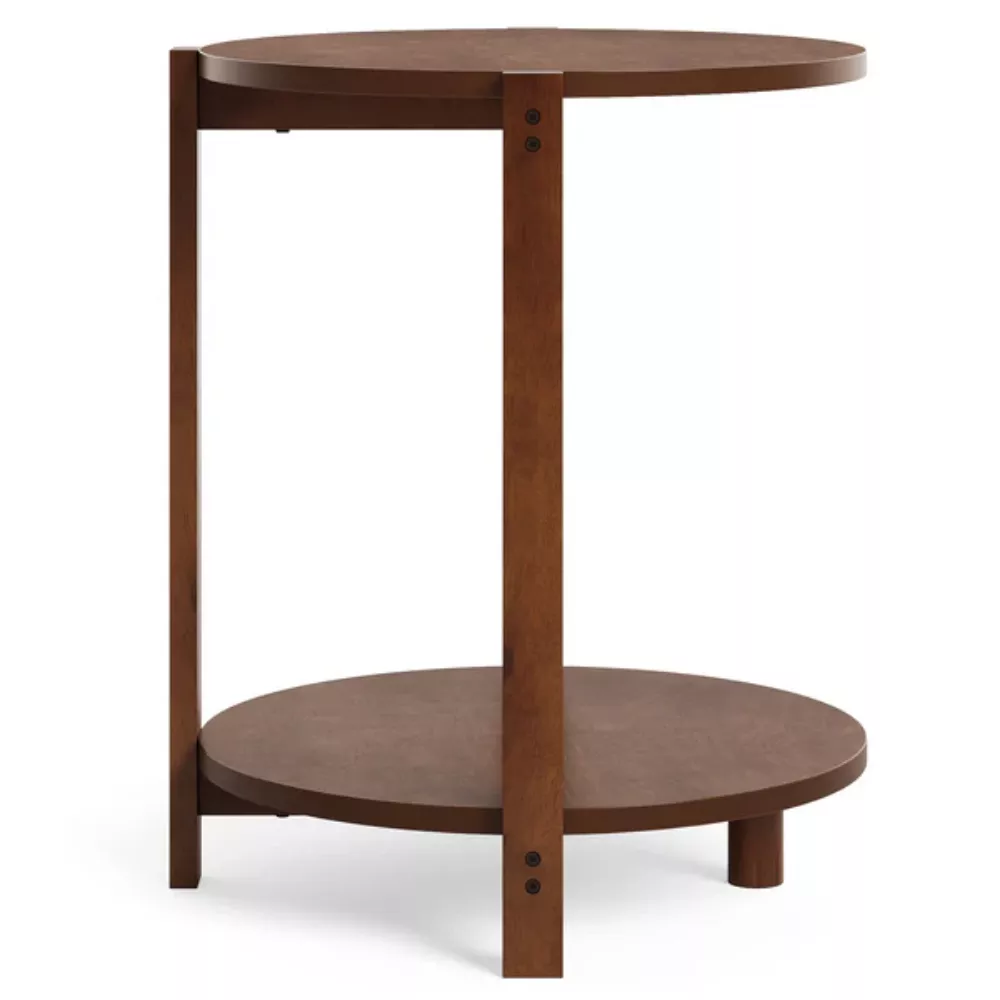 Round End Table, Solid Wood Side Table with 2-Tier Storage Shelf - Brown