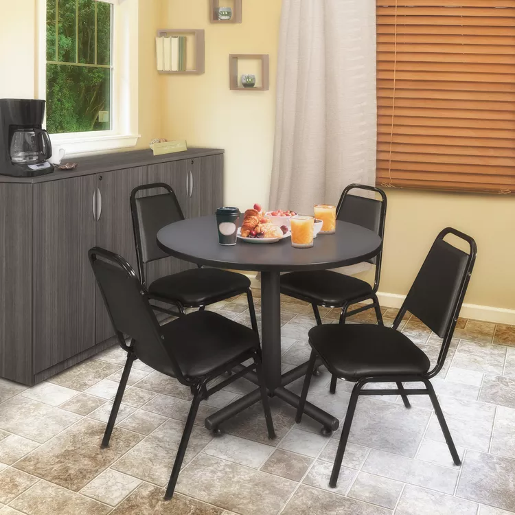 Round Restaurant Table Grey 36 & 4 Stackable Black Chairs - Regency Seating