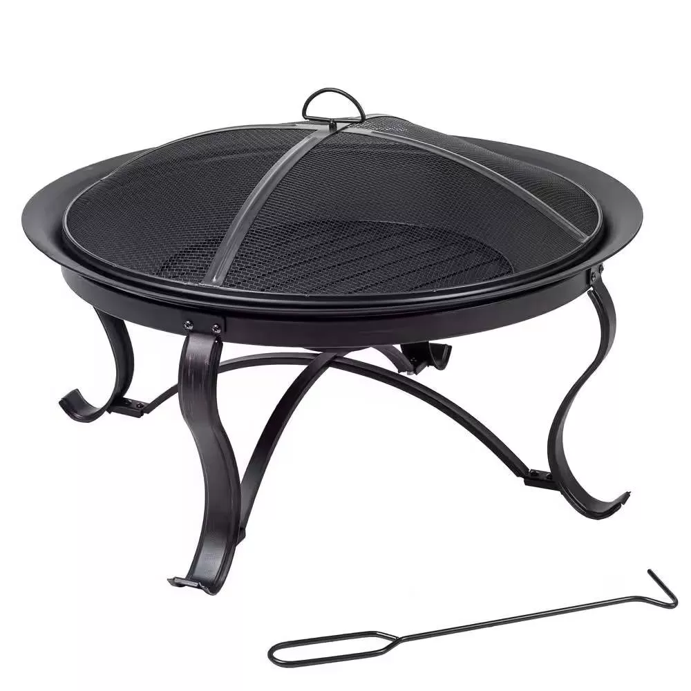 Round Steel Outdoor Fire Pit with Mesh Cover For Backyard Use