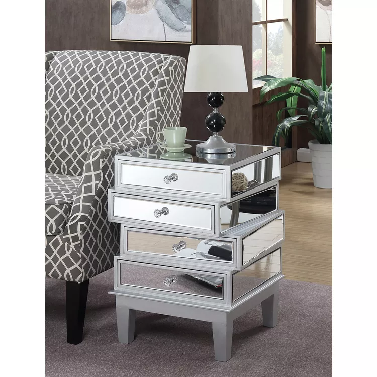 Silver/Mirror End Table 4-Drawer Contemporary Style - Convenience Concepts