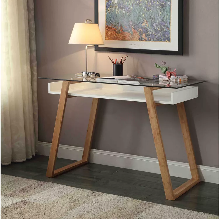 Sleek Glass Modern Bamboo Desk - Convenience Concepts