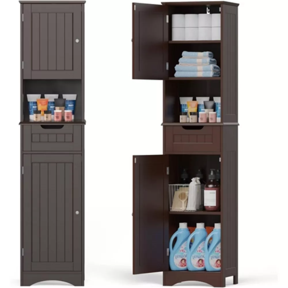 Slim Bathroom Linen Tower with Double Doors, Storage Drawer & Shelf