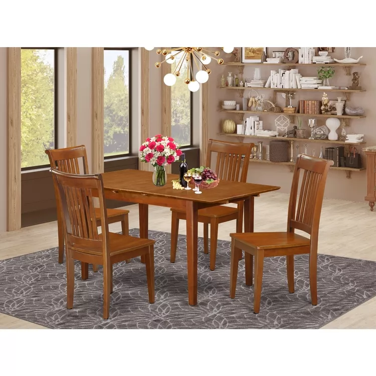 Small Dining Table Set With Storage Leaf & Saddle Brown Chairs