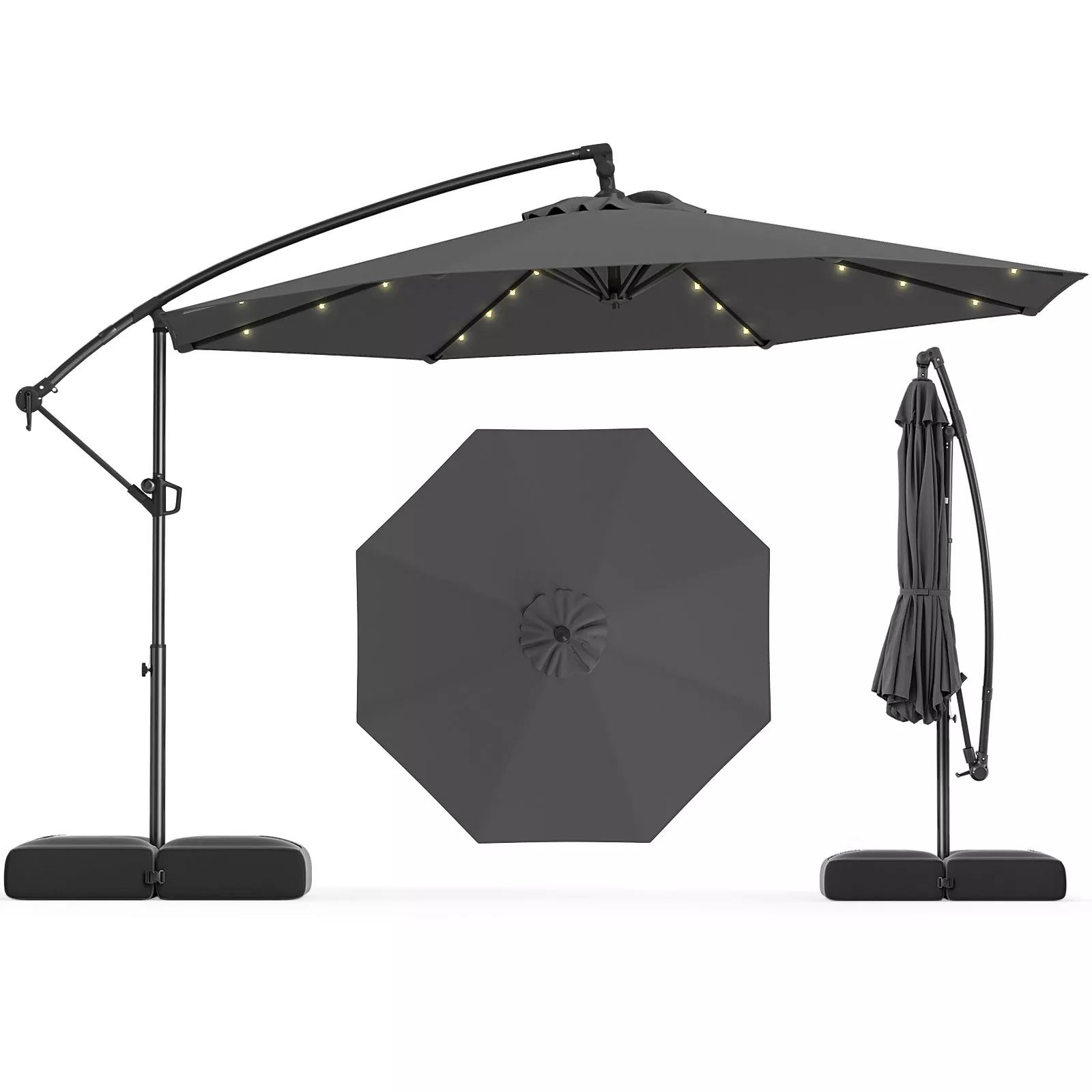 Solar Offset Umbrella with 32 LED Lights – Hanging Patio Shade with Base