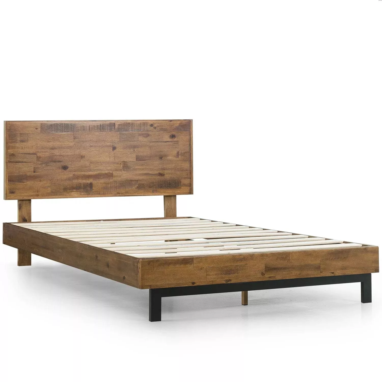 Solid Wood Modern Platform Bed with Adjustable Height Headboard