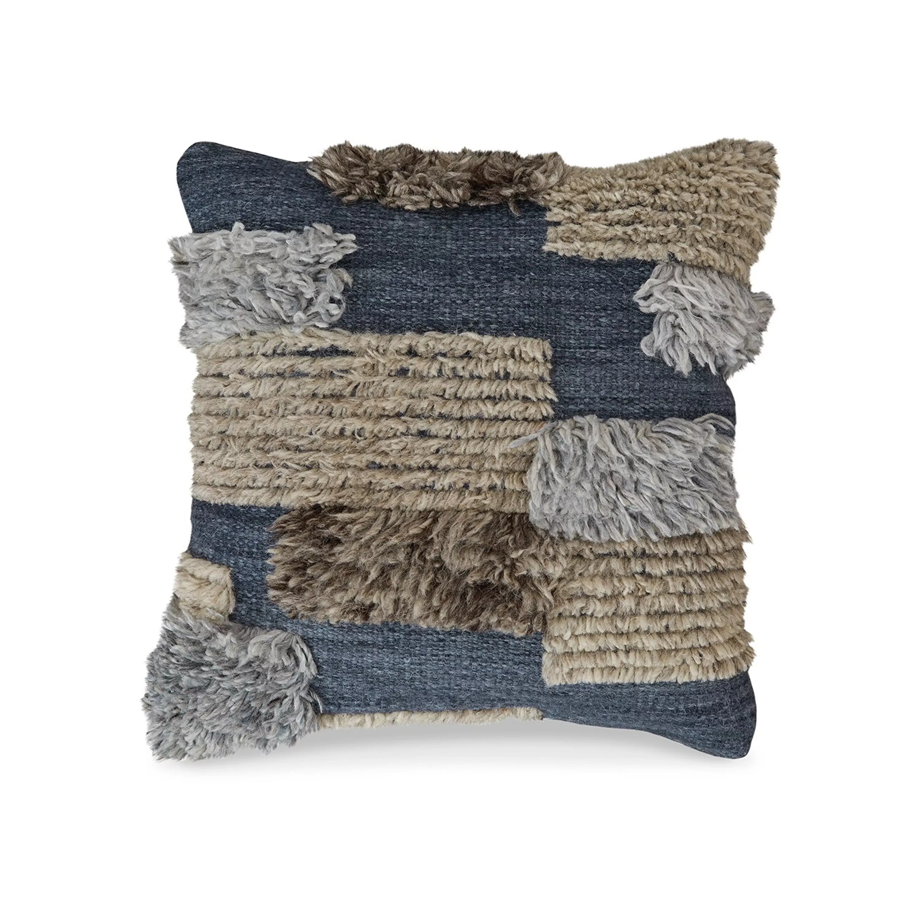 Square Accent Throw Pillow, 20 Inch Hand Knotted Patchwork, Gray Wool - Benzara
