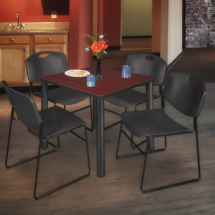 Square Breakroom Table Mahogany Black 36 inches & Stack Chairs Set - Regency Seating
