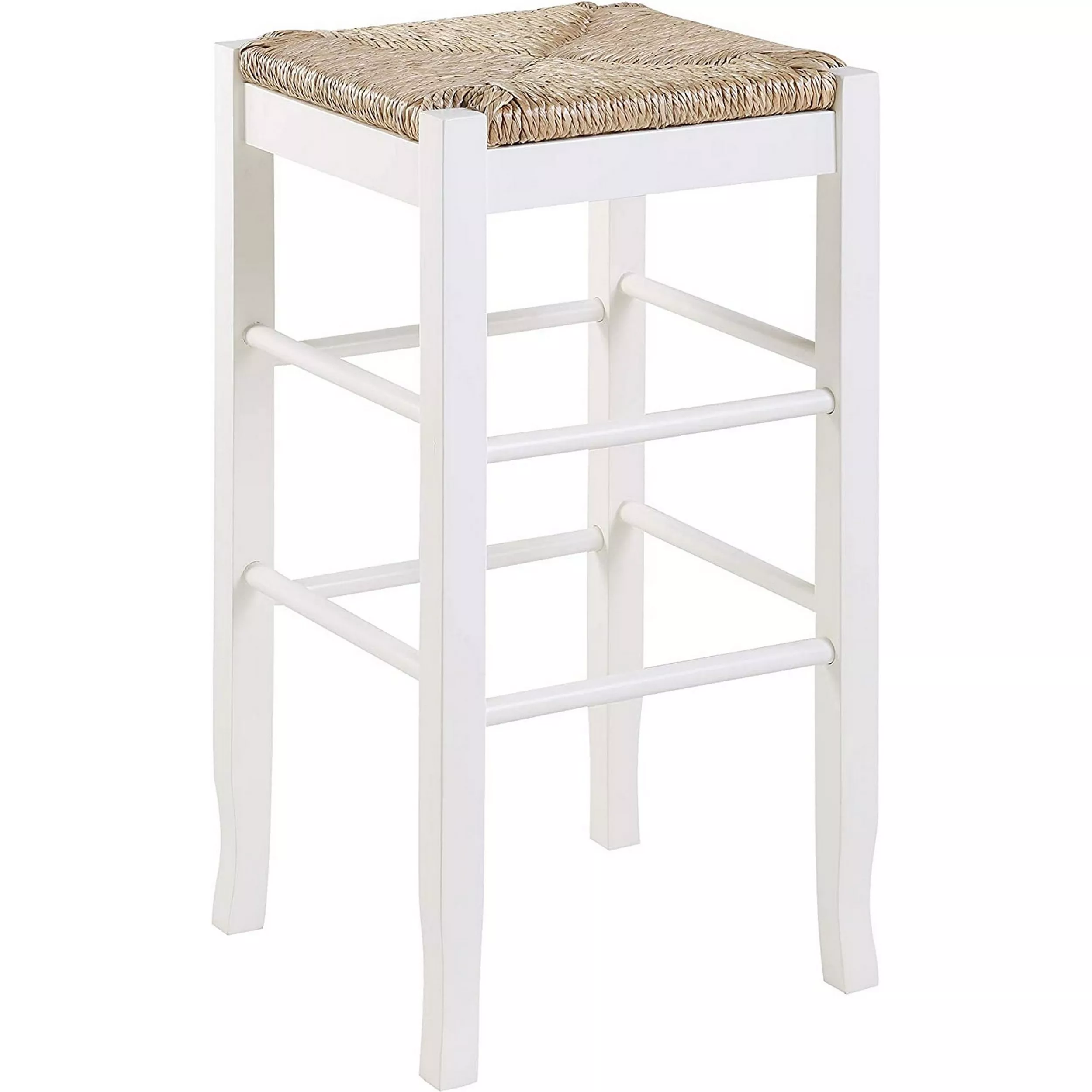 Square Wooden Frame Barstool with Hand Woven Rush, White and Brown