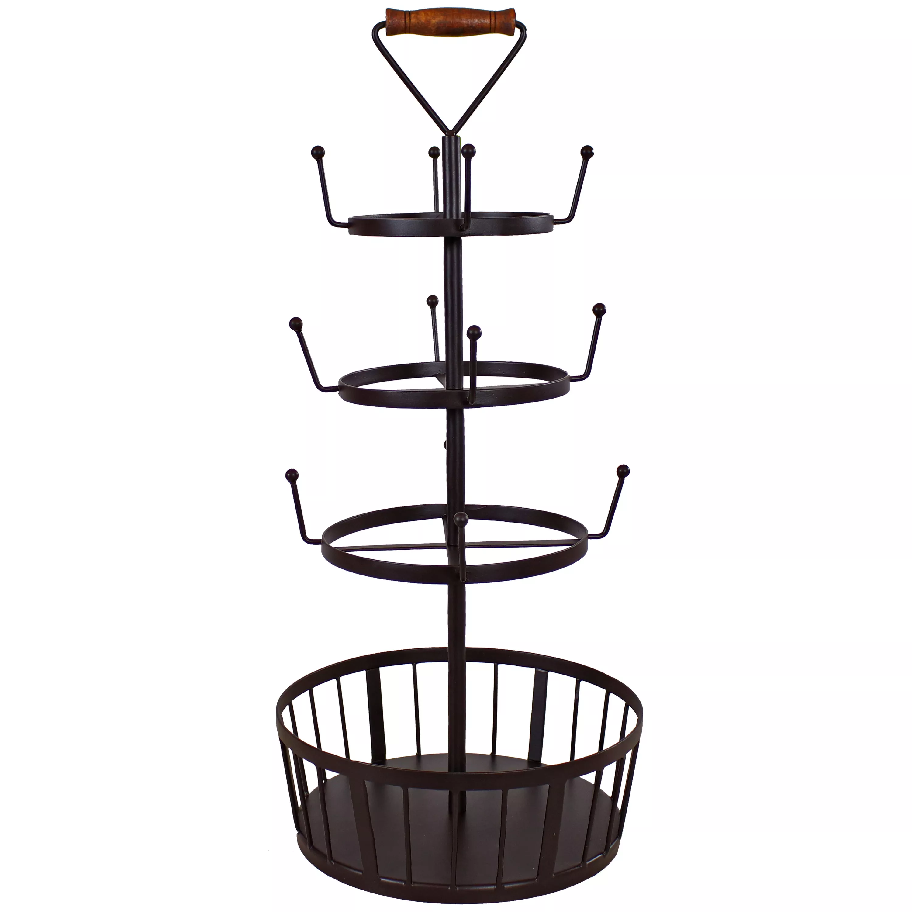 Sunnydaze Round 4-Tier Iron Coffee Mug Tree Holder with Hooks - Brown